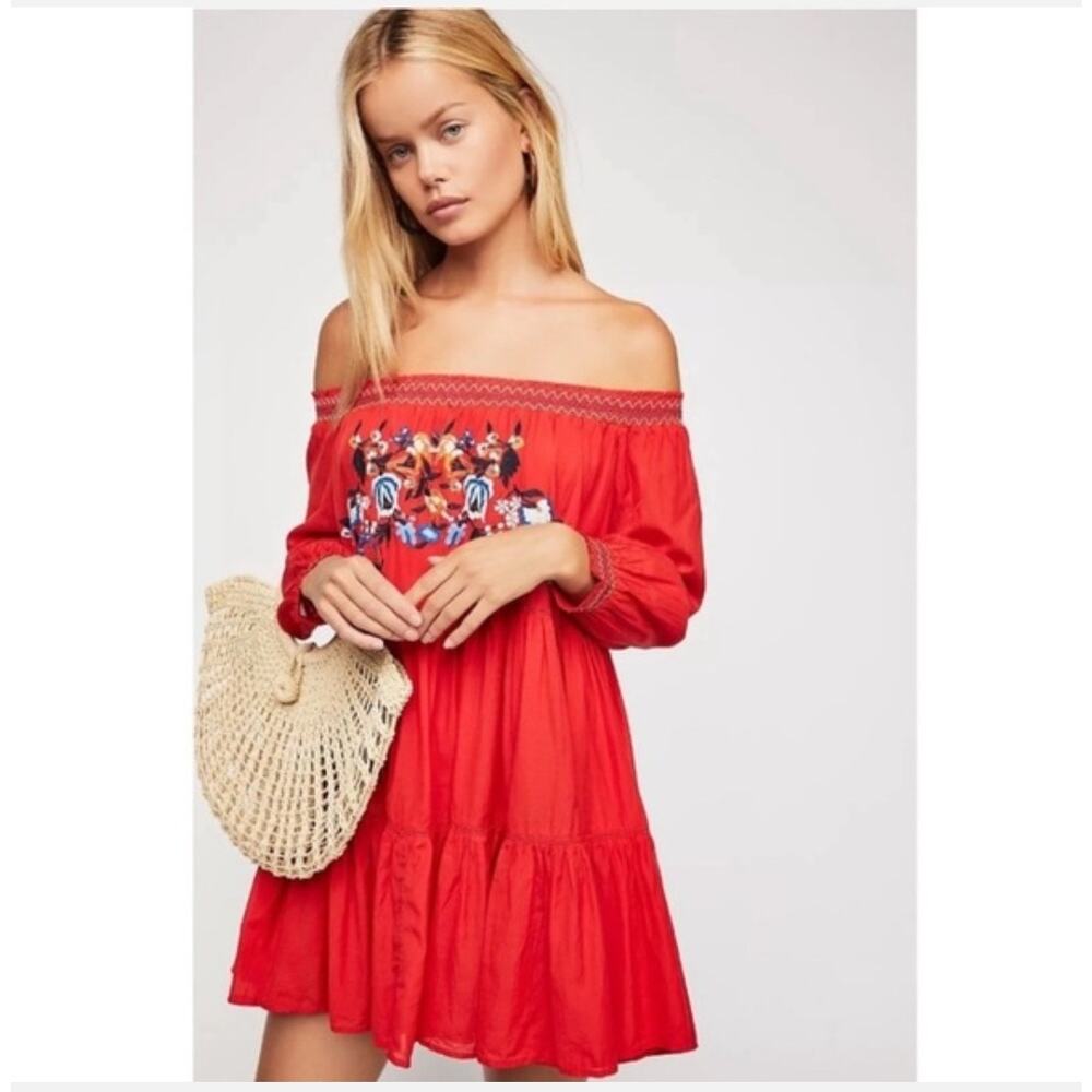 Free People Embroidered Off Shoulder Mini Dress Medium Red Boho Peasant Floral
